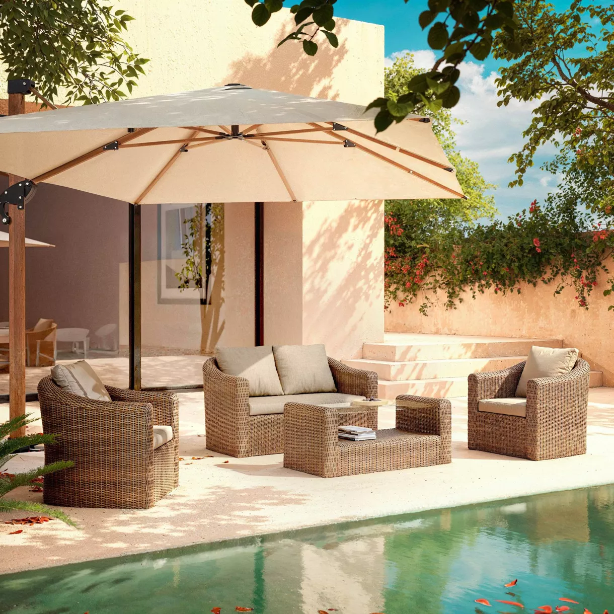 Conjunto de jardín de resina trenzada 4 plazas 4 pzas Calvi Sepia y topo