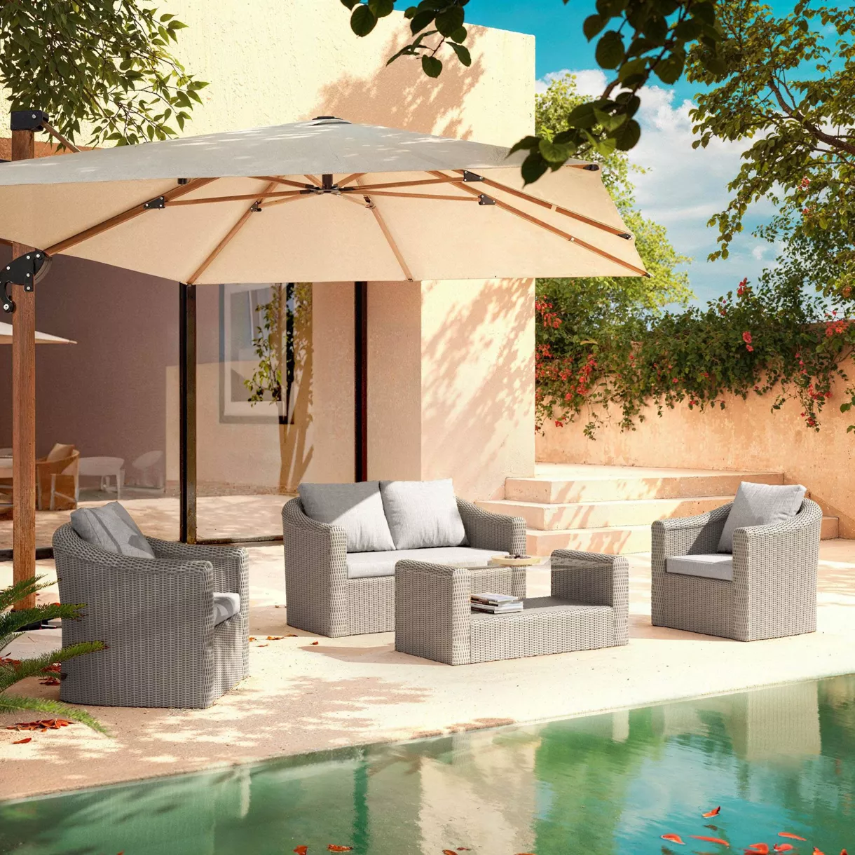 Salon de jardin en résine tressée 4 places 4 pcs Calvi Gris et gris clair
