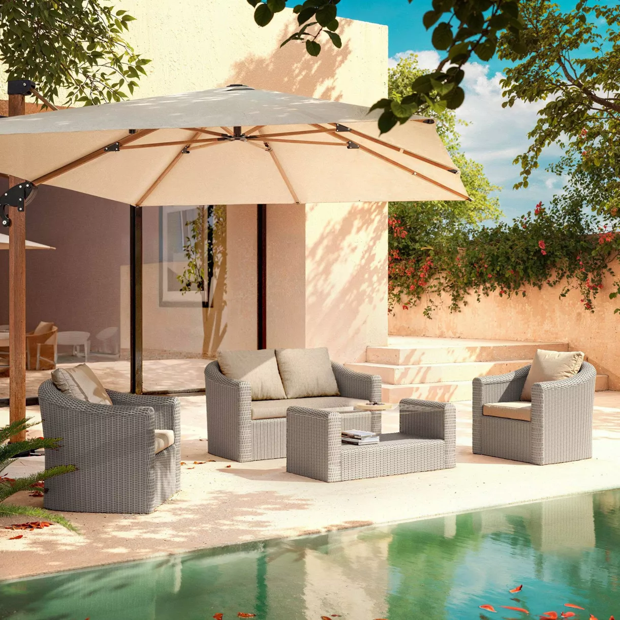 Salon de jardin en résine tressée 4 places 4 pcs Calvi Gris et taupe