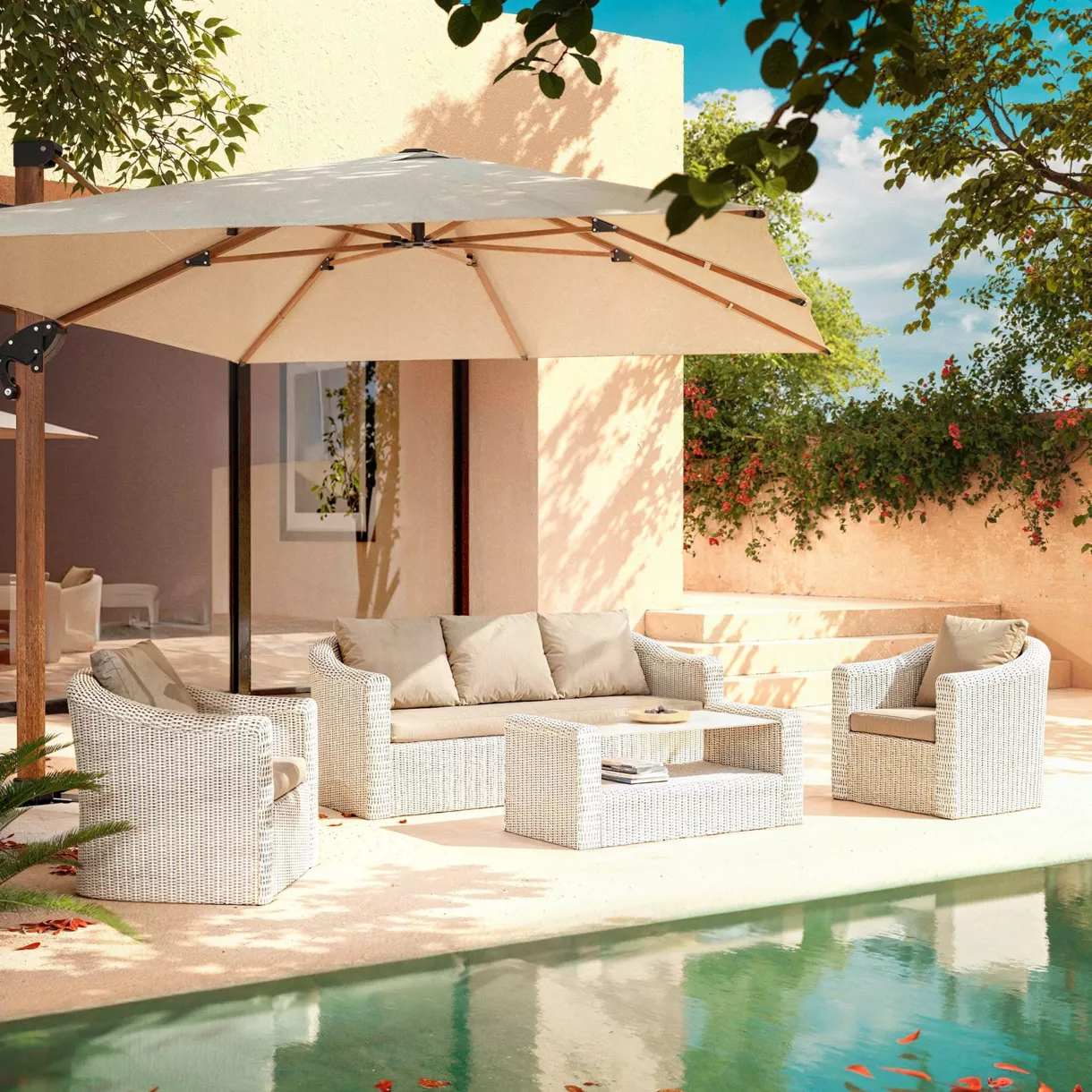 Salotto da giardino in resina intrecciata 5 posti 4 pezzi Calvi Bianco e tortora