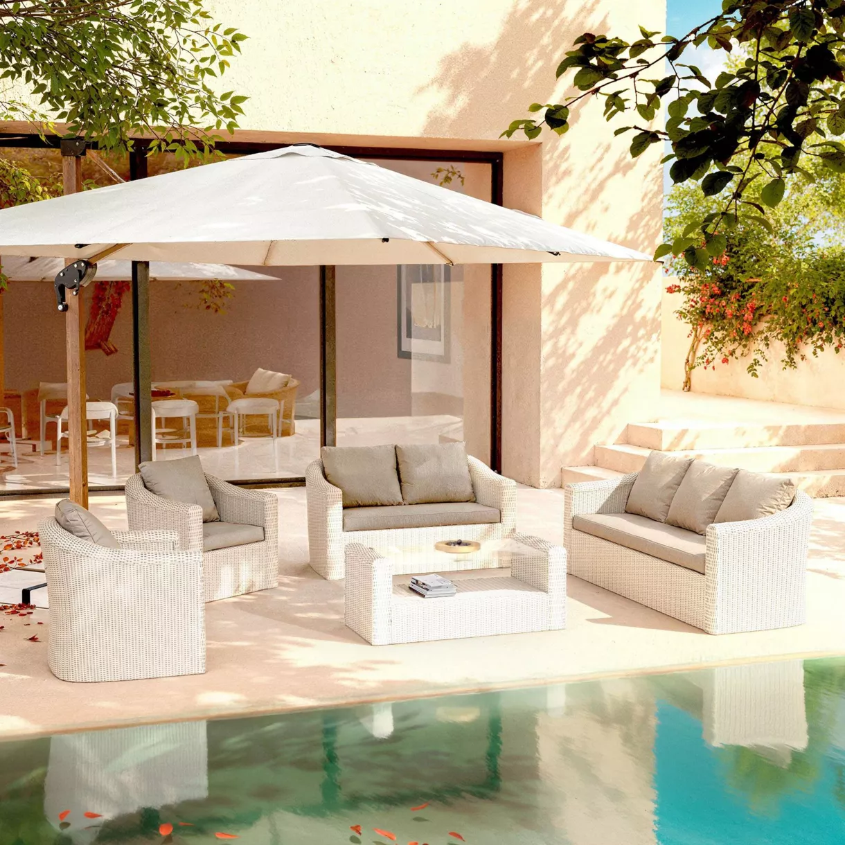 Salon de jardin en résine tressée 7 places 5 pcs Calvi Blanc et taupe