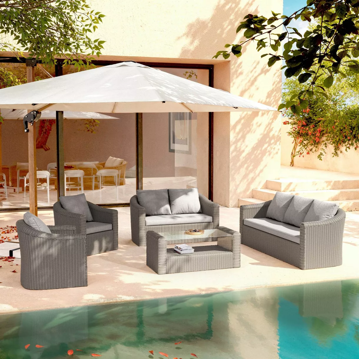 Salon de jardin en résine tressée 7 places 5 pcs Calvi Gris et gris clair