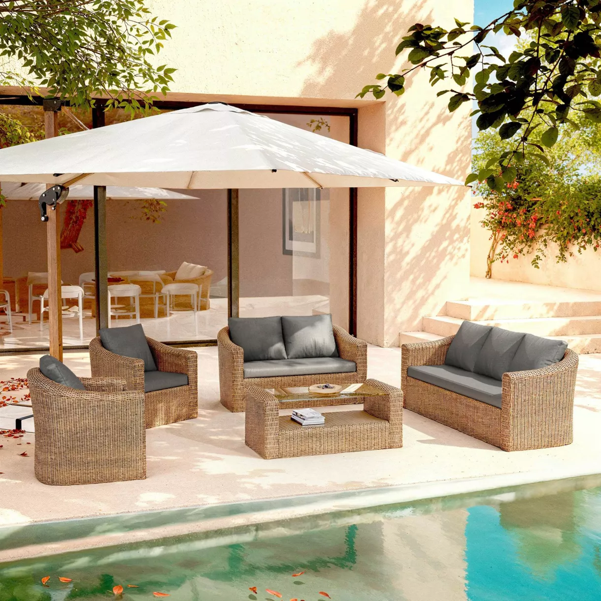 Salon de jardin en résine tressée 7 places 5 pcs Calvi Sepia et gris foncé