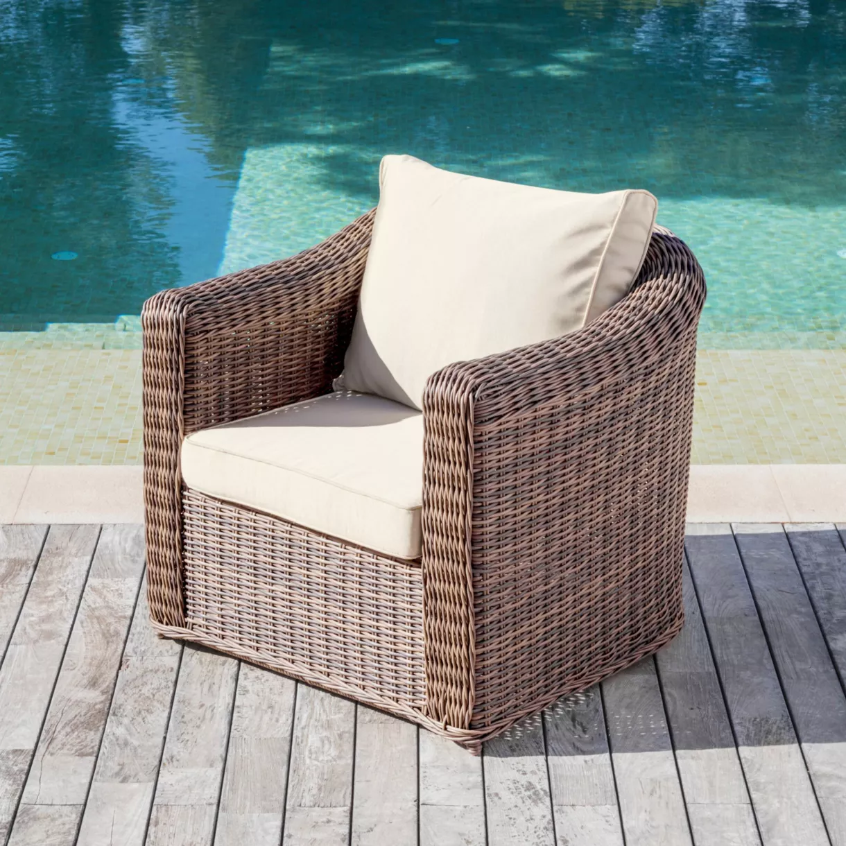 Gartensessel geflochtenes Polyrattan Calvi Sepiabraun und Beige