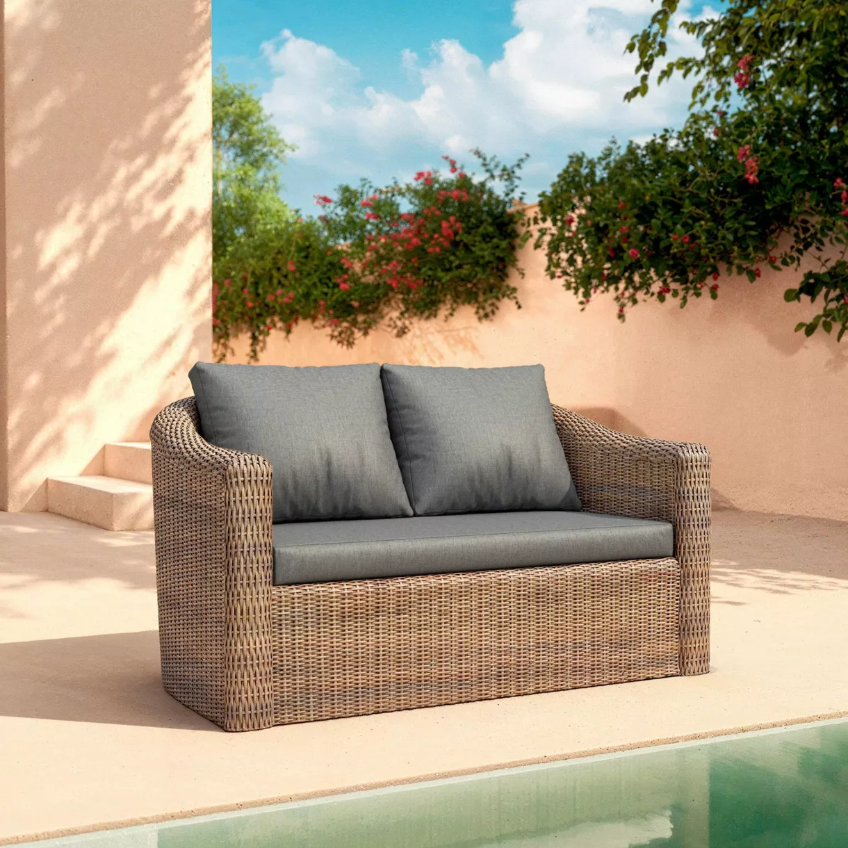 Canapé de jardin en résine tressée 2 places Calvi Sépia et gris foncé
