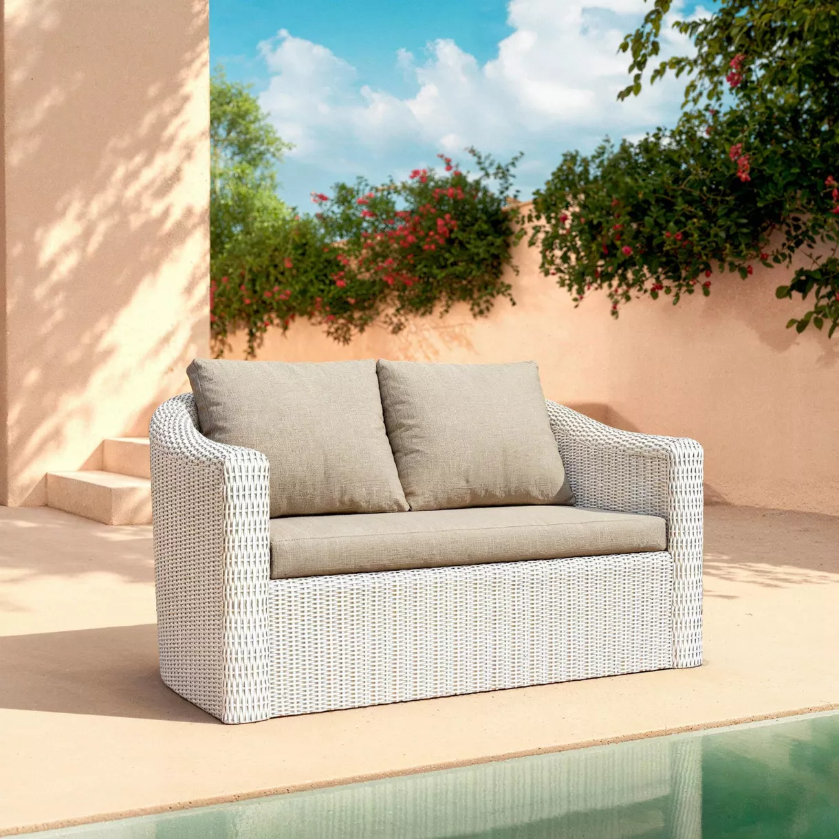 Canapé de jardin en résine tressée 2 places Calvi Blanc et taupe
