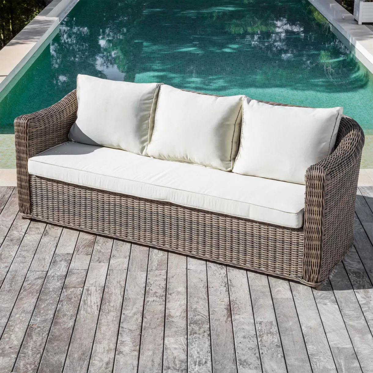Canapé de jardin en résine tressée 3 places Calvi Sépia et beige
