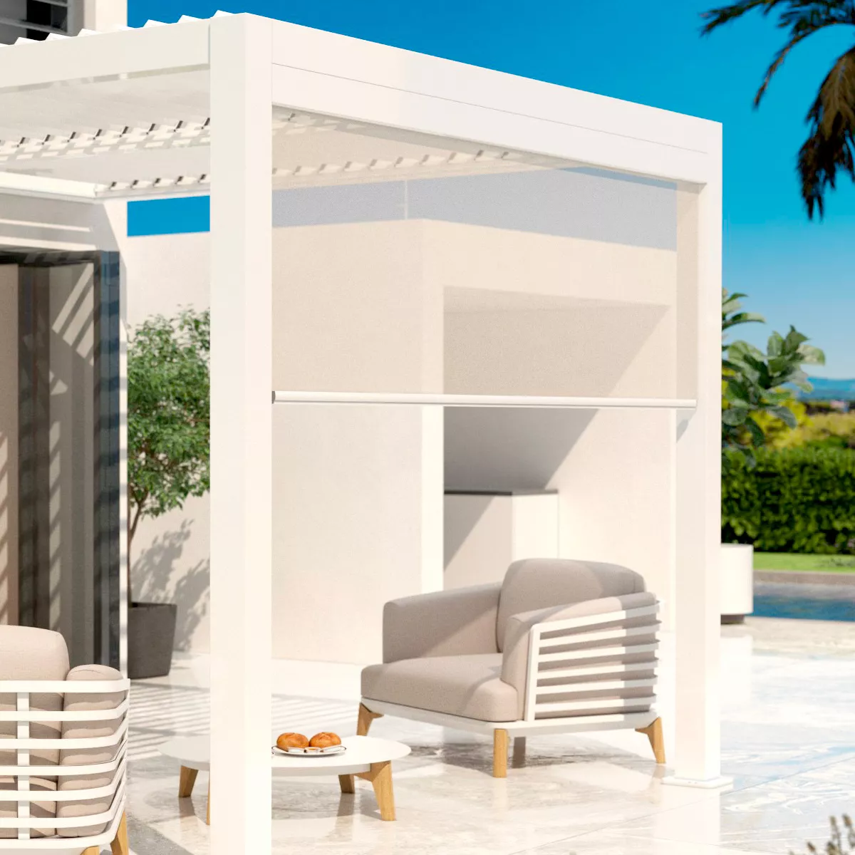 Cortina motorizada para pérgola bioclimática adosada (3 x 3 m) Blanco