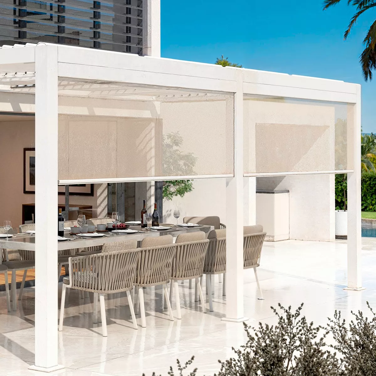Lote de 2 cortinas motorizadas para pérgola bioclimática adosada (3 x 6 m) Blanco