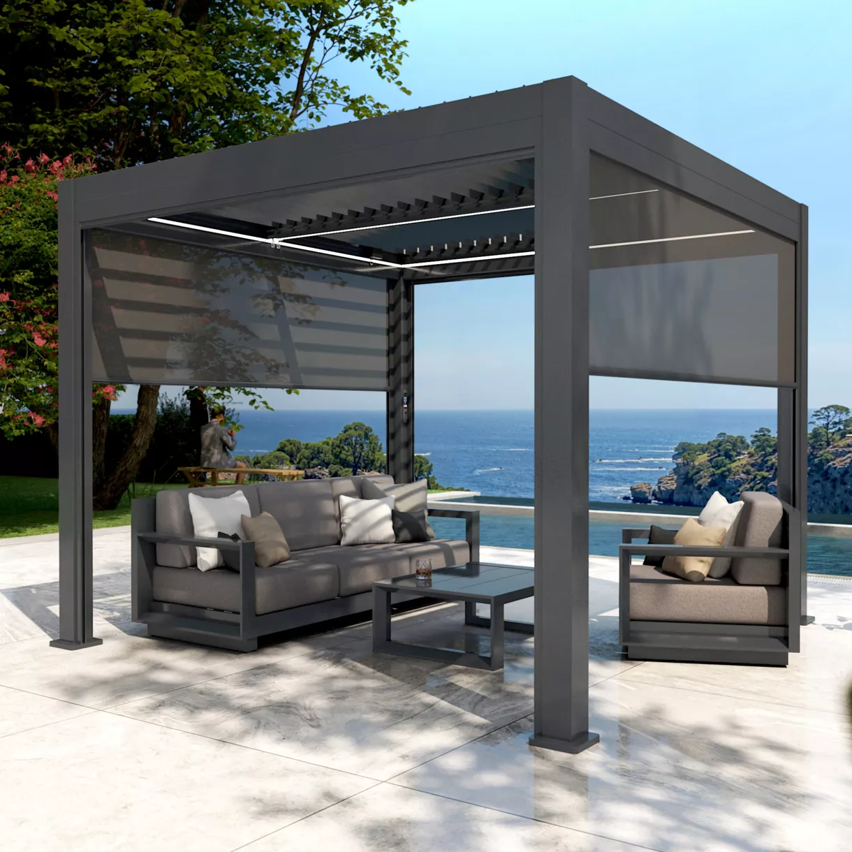 4er Set motorisierte VorhÃ¤nge fÃ¼r bioklimatische Pergola (3 x 3 m) - Anthrazitgrau