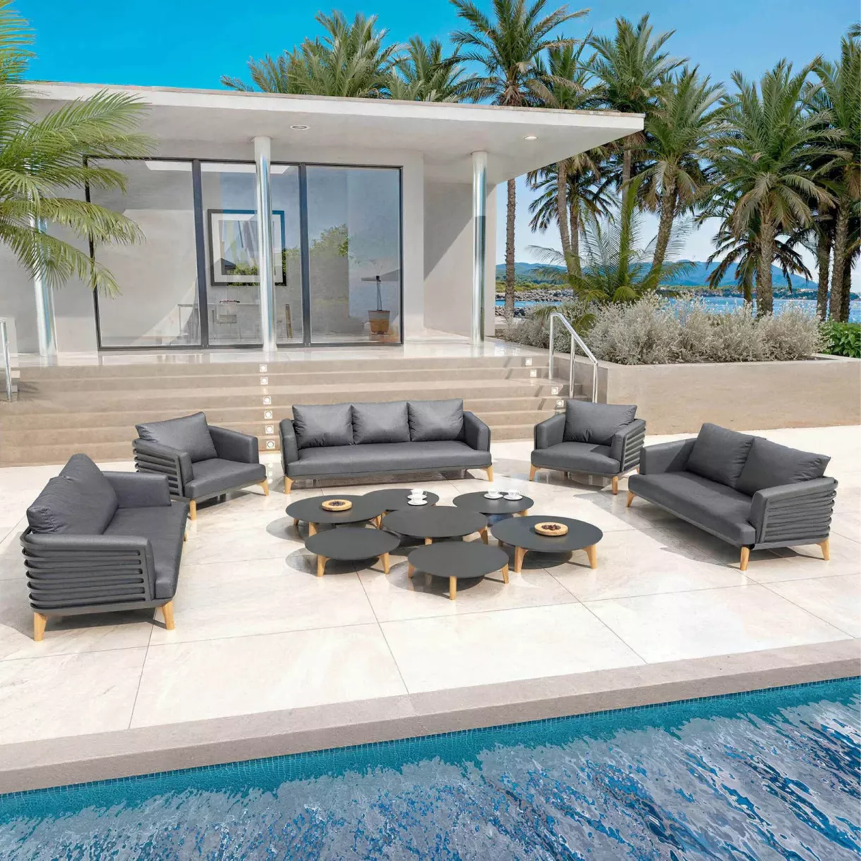 SALON DE JARDIN MONTE-CARLO 9 PLACES STRUCTURE ANTHRACITE ET COUSSINS ANTHRACITE