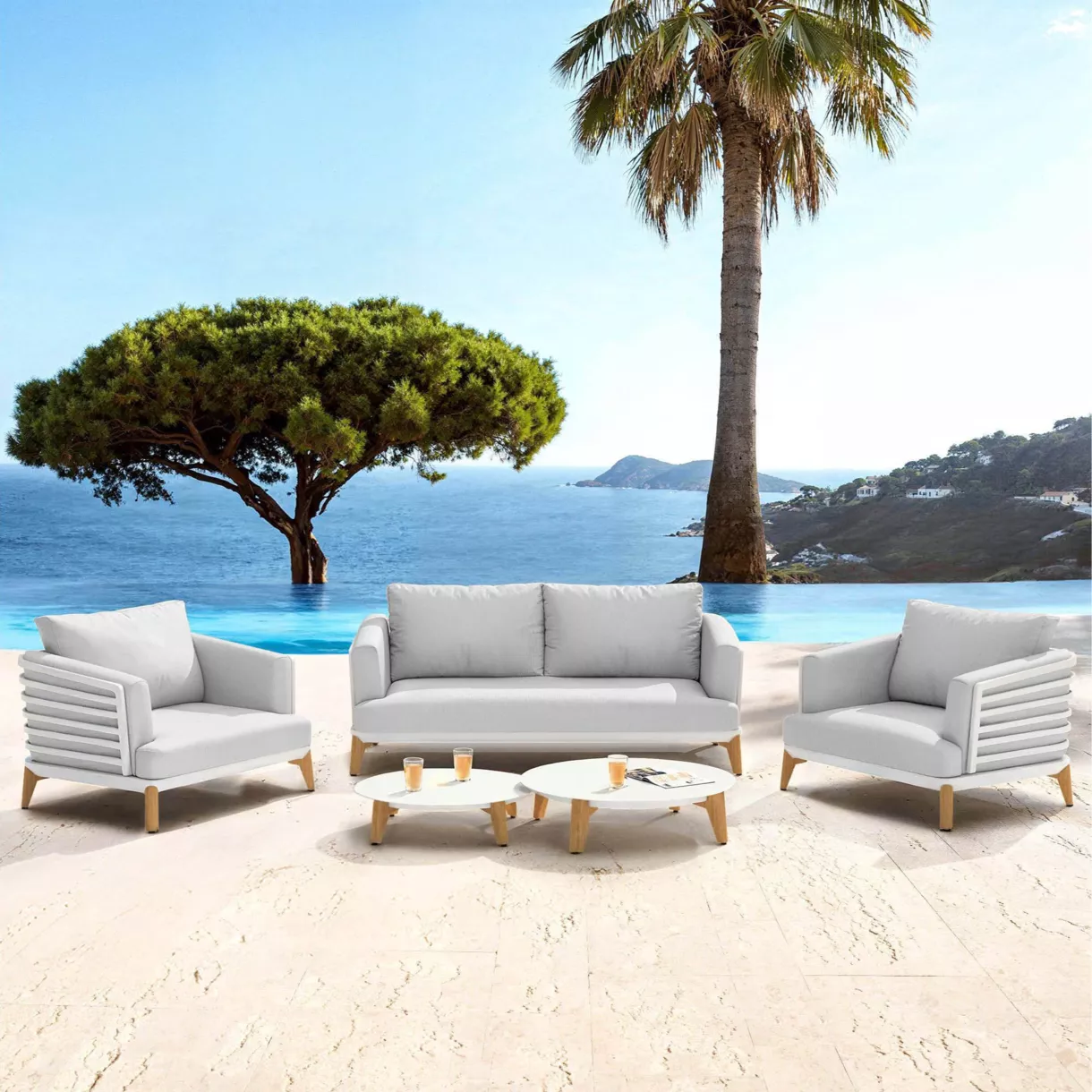 SALON DE JARDIN MONTE-CARLO 4 PLACES STRUCTURE BLANC ET COUSSINS GRIS NUAGE