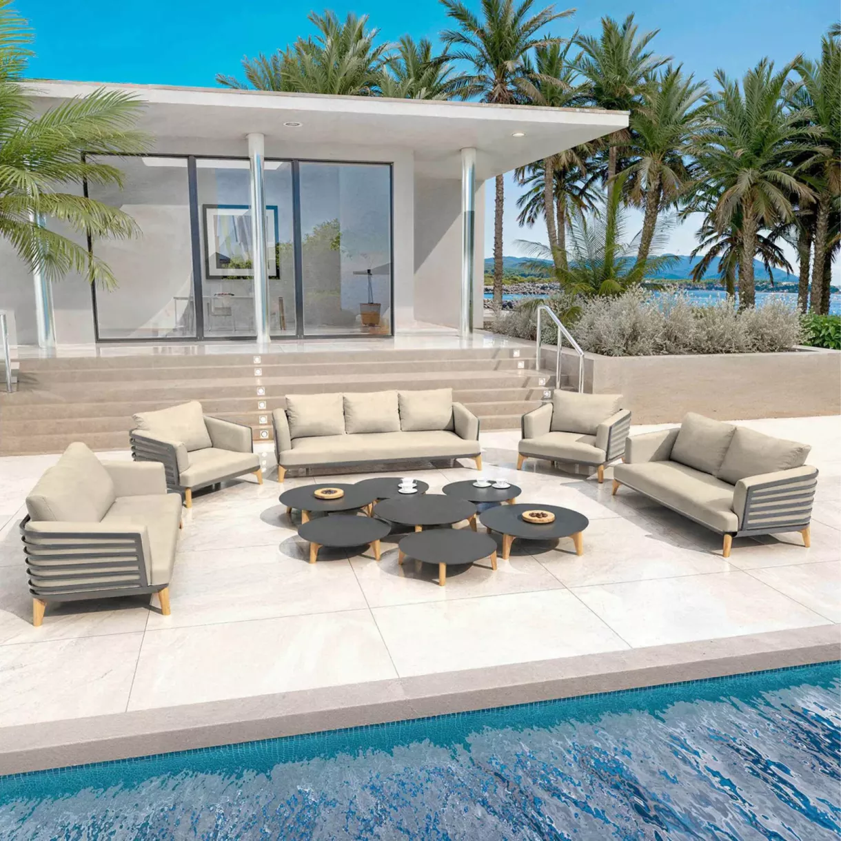 SALON DE JARDIN MONTE-CARLO 9 PLACES STRUCTURE ANTHRACITE ET COUSSINS SABLE
