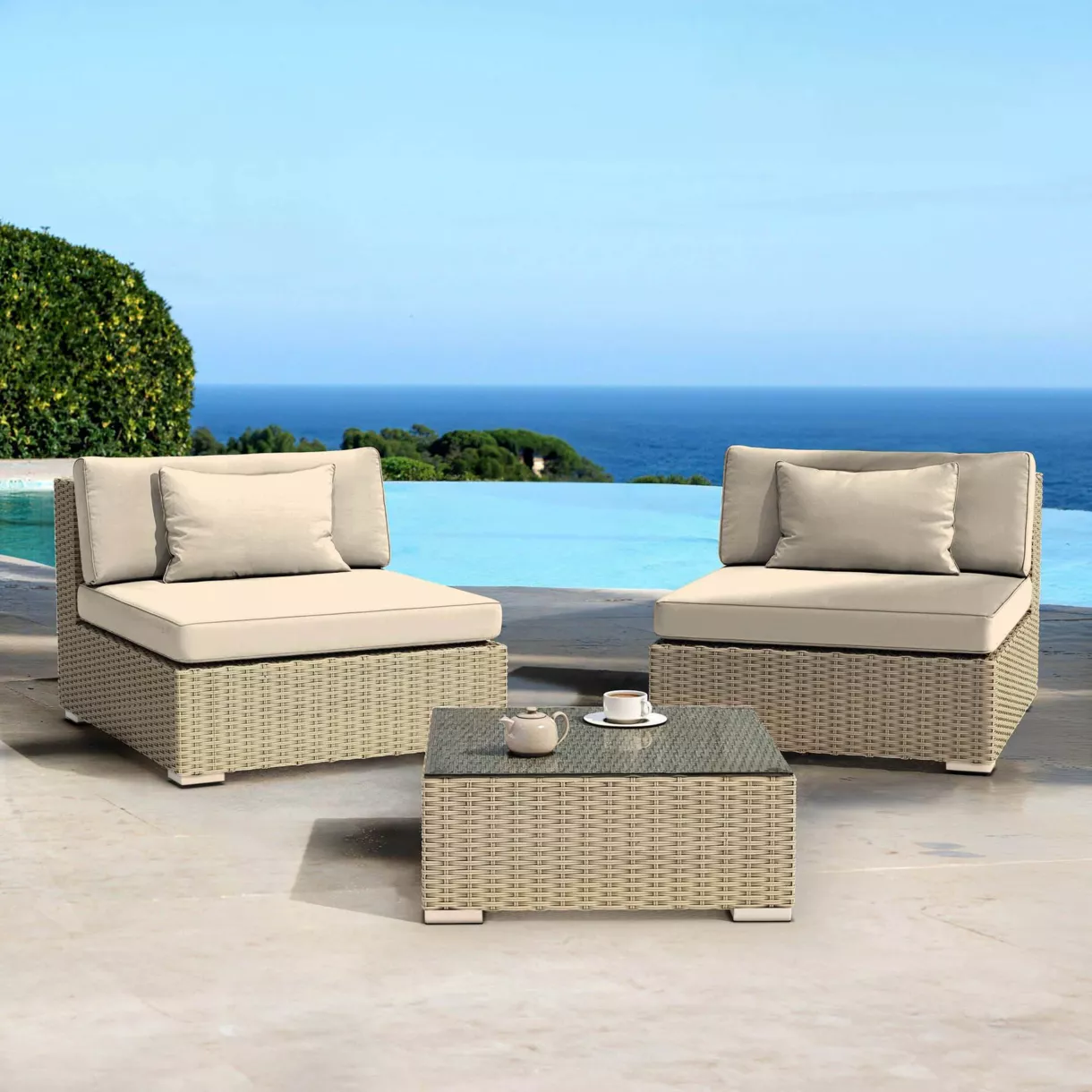 Conjunto de jardín de resina trenzada 2 plazas 3 pzas Palma Gris y beige