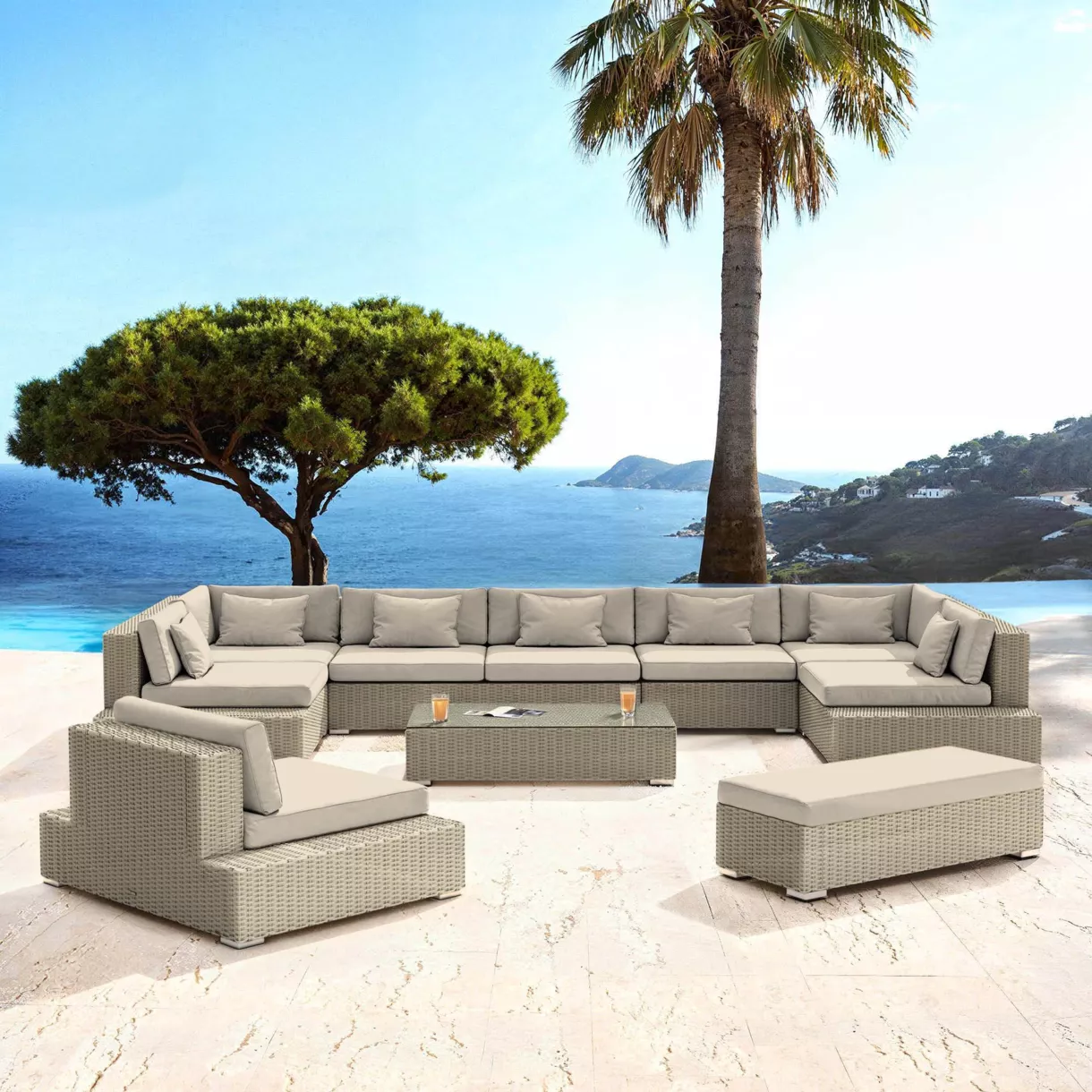 Conjunto de jardín de resina trenzada 9 plazas 9 pzas Palma Gris y beige