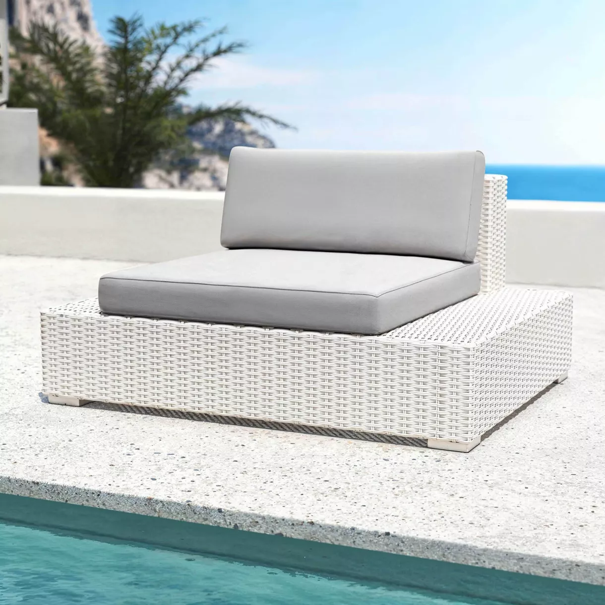 Gartensessel geflochtenes Polyrattan Palma Weiß und Grau