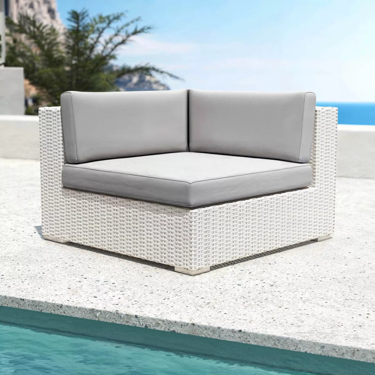Sillón esquinero de jardín de resina trenzada Palma Blanco y gris