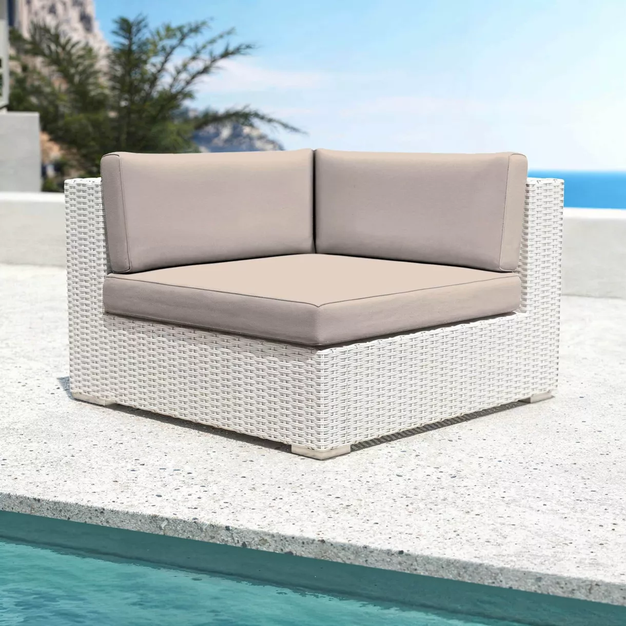 Fauteuil d'angle de jardin en résine tressée Palma Blanc et taupe