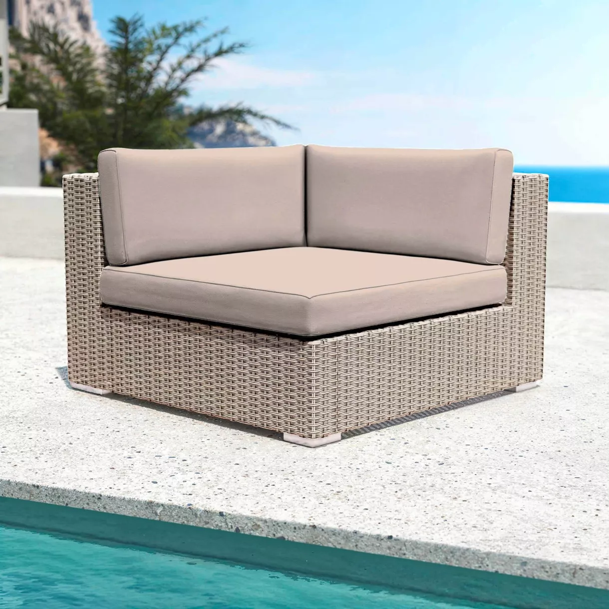 Fauteuil d'angle de jardin en résine tressée Palma Gris et taupe