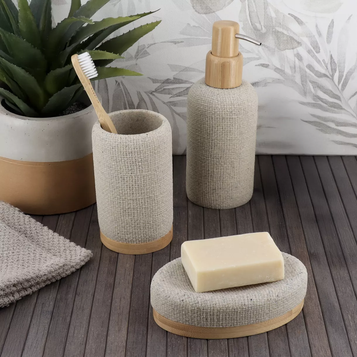 Set d'accessoires salle de bain effet Maille Beige