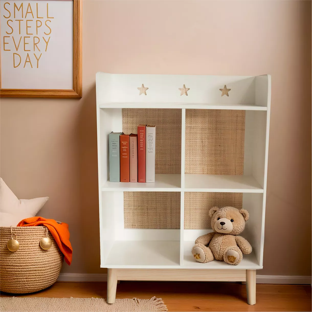 Mueble de almacenamiento infantil de madera con 4 compartimientos (H86 cm) Stars Blanco