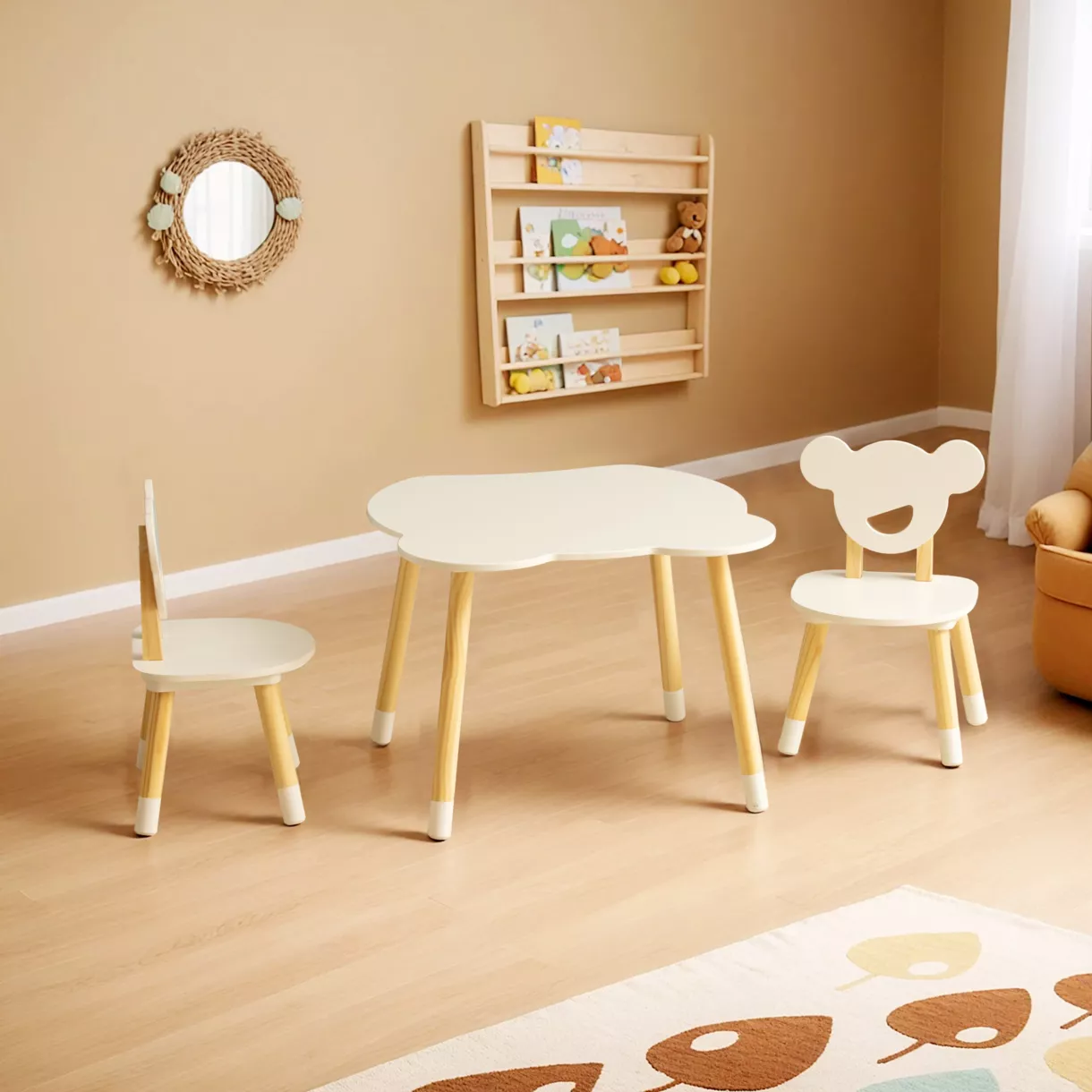 Kindertisch und 2 Kinderstühle Holz (H44 cm) Oursons Weiß