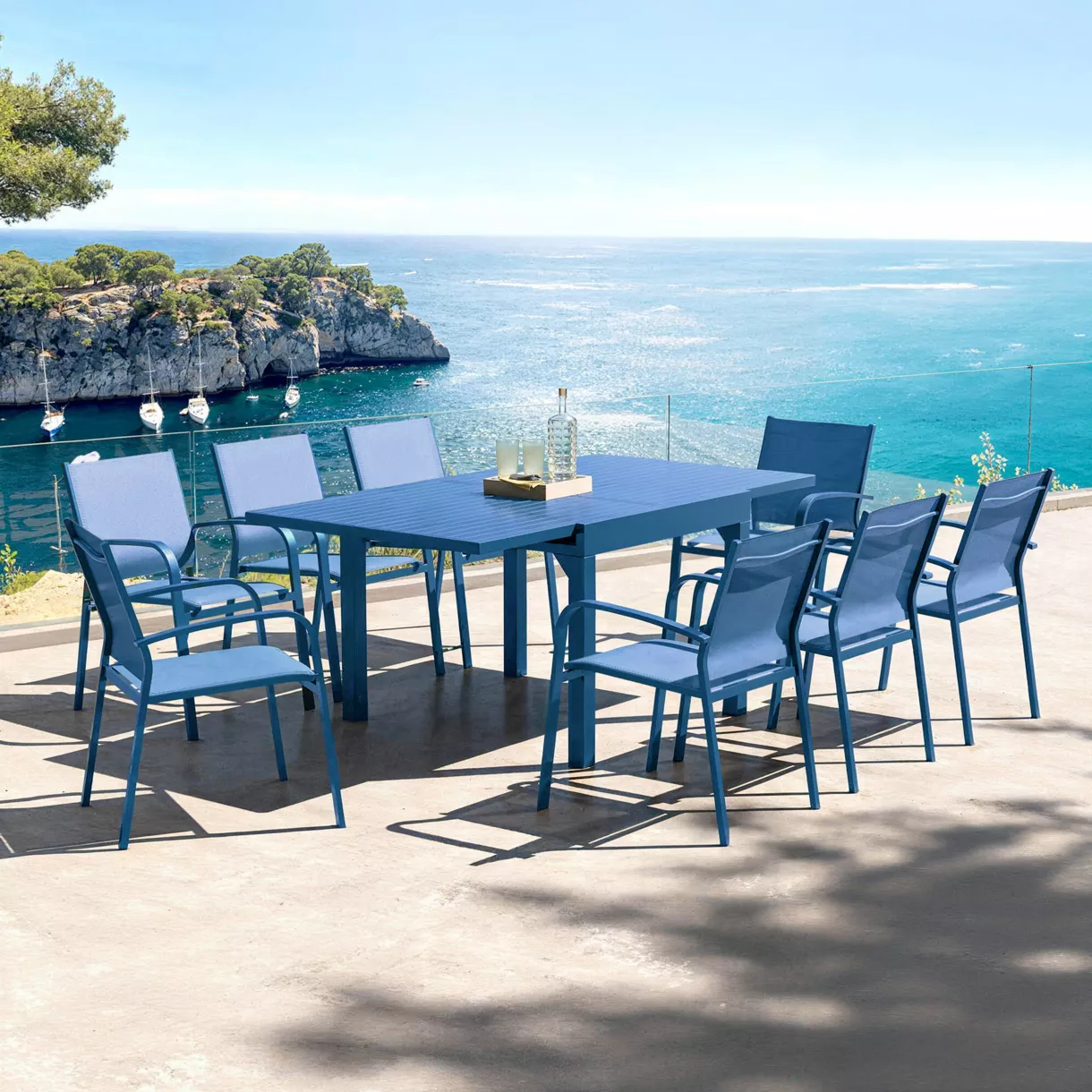 Table de jardin extensible en verre 8 places (90/180 x 90 cm) Murano Bleu