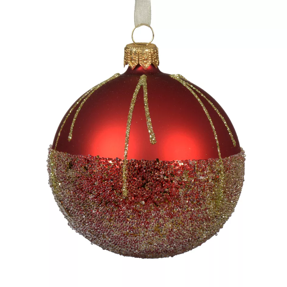 LOT DE 6 (EN VERRE) Boules verre ballotine avec lignes etincelantes dia8cm rouge noel 