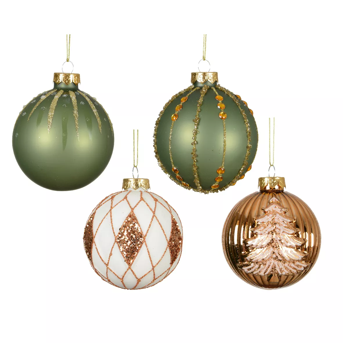 LOT DE 12 (EN VERRE)  Boules verre Shine Glam paillettes dia8cm Cognac et vert romarin