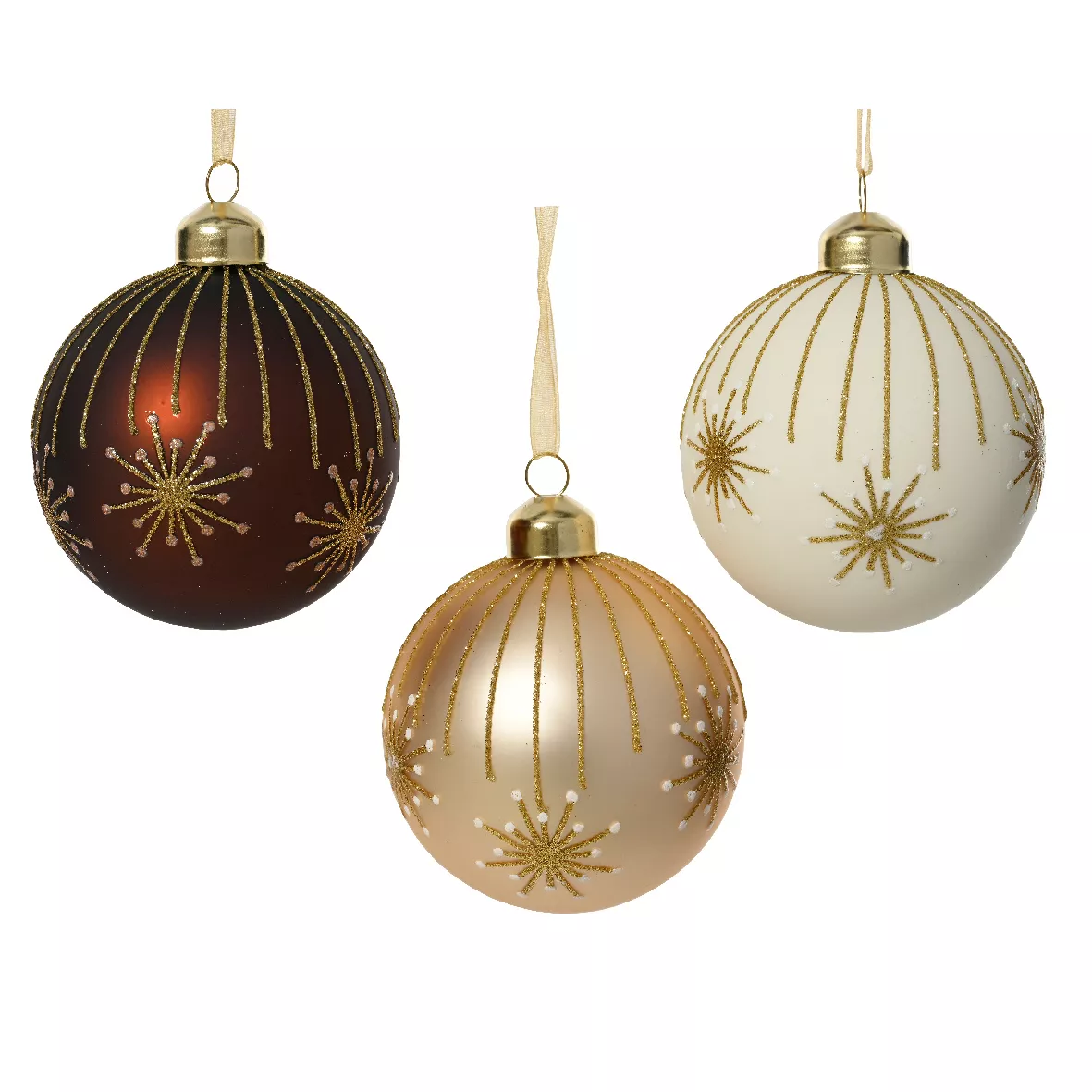 LOT DE 12  Boules verre Noël en fête dia8cm blanc laine, perle et brun café