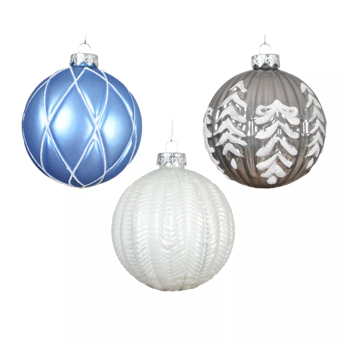 LOT DE 12 (EN VERRE)  Boules verre Rêverie dia10cm Bleu ciel, blanc et gris