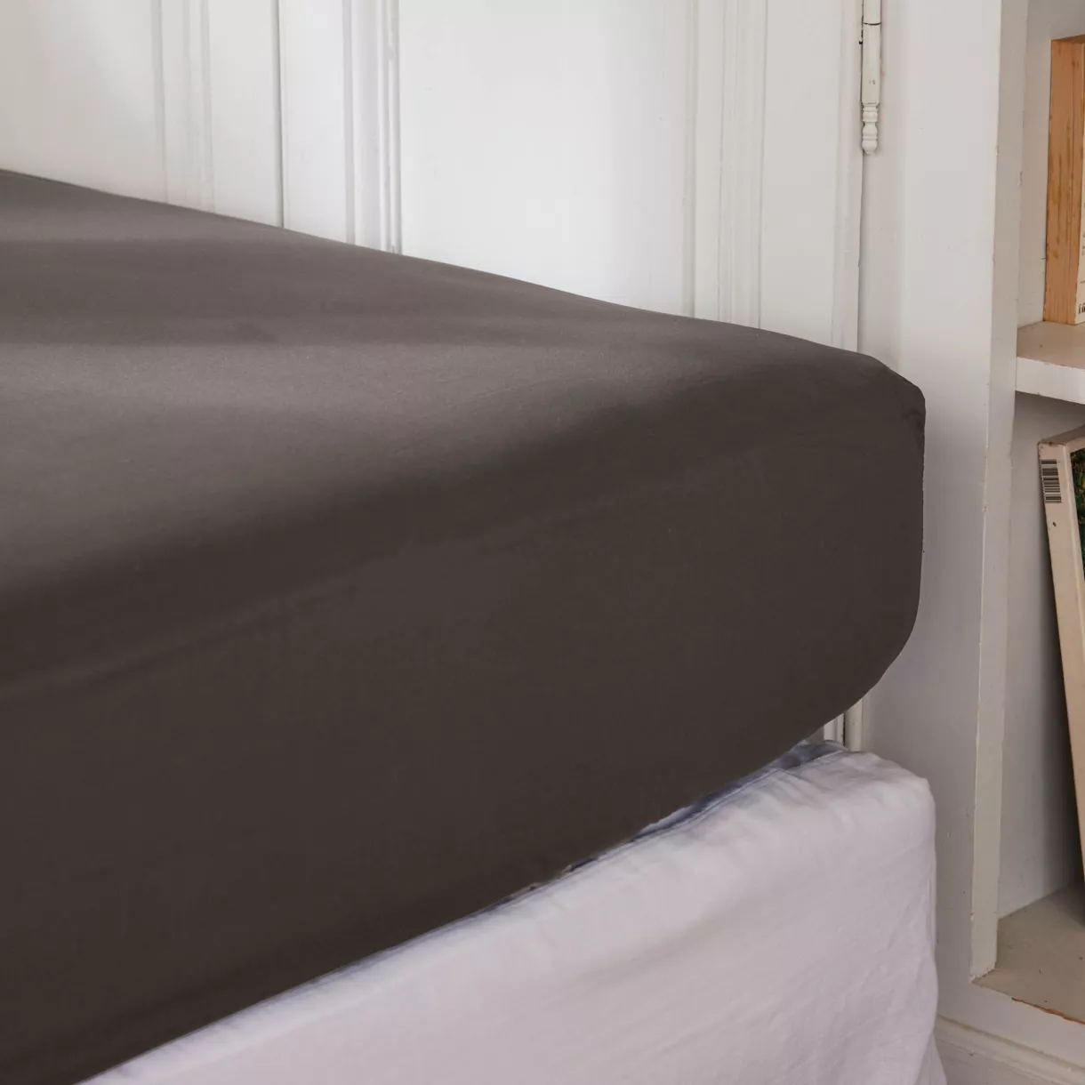 Drap housse percale de coton (180 x 200 cm) Cali Gris anthracite