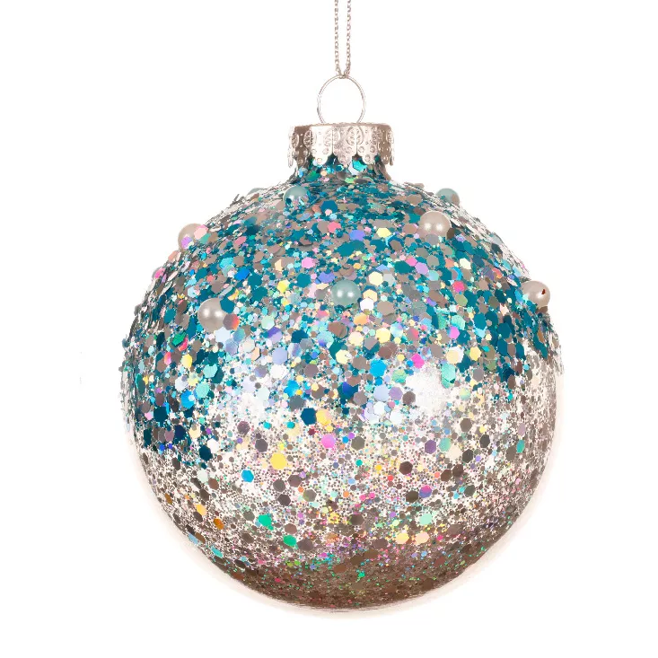 Lot de 3 boules de Noël en verre (D80 mm) Pailletées Bleu