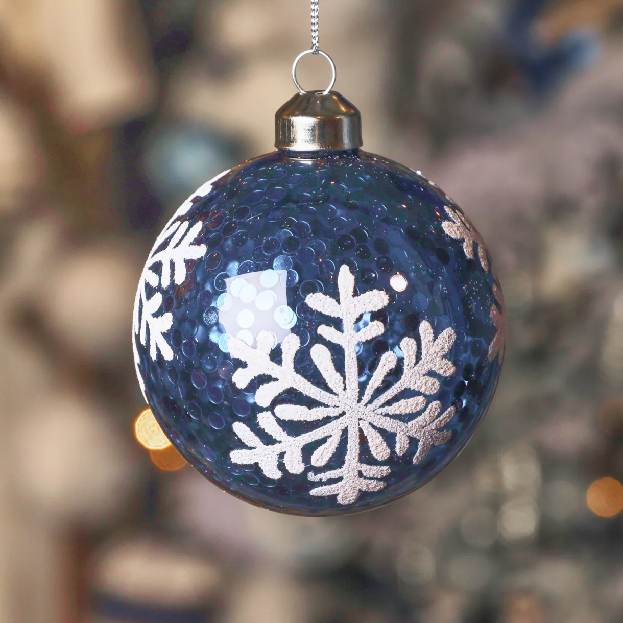 Lot de 3 boules de Noël en verre (D80 mm) Flocons et sequins assorti Bleu