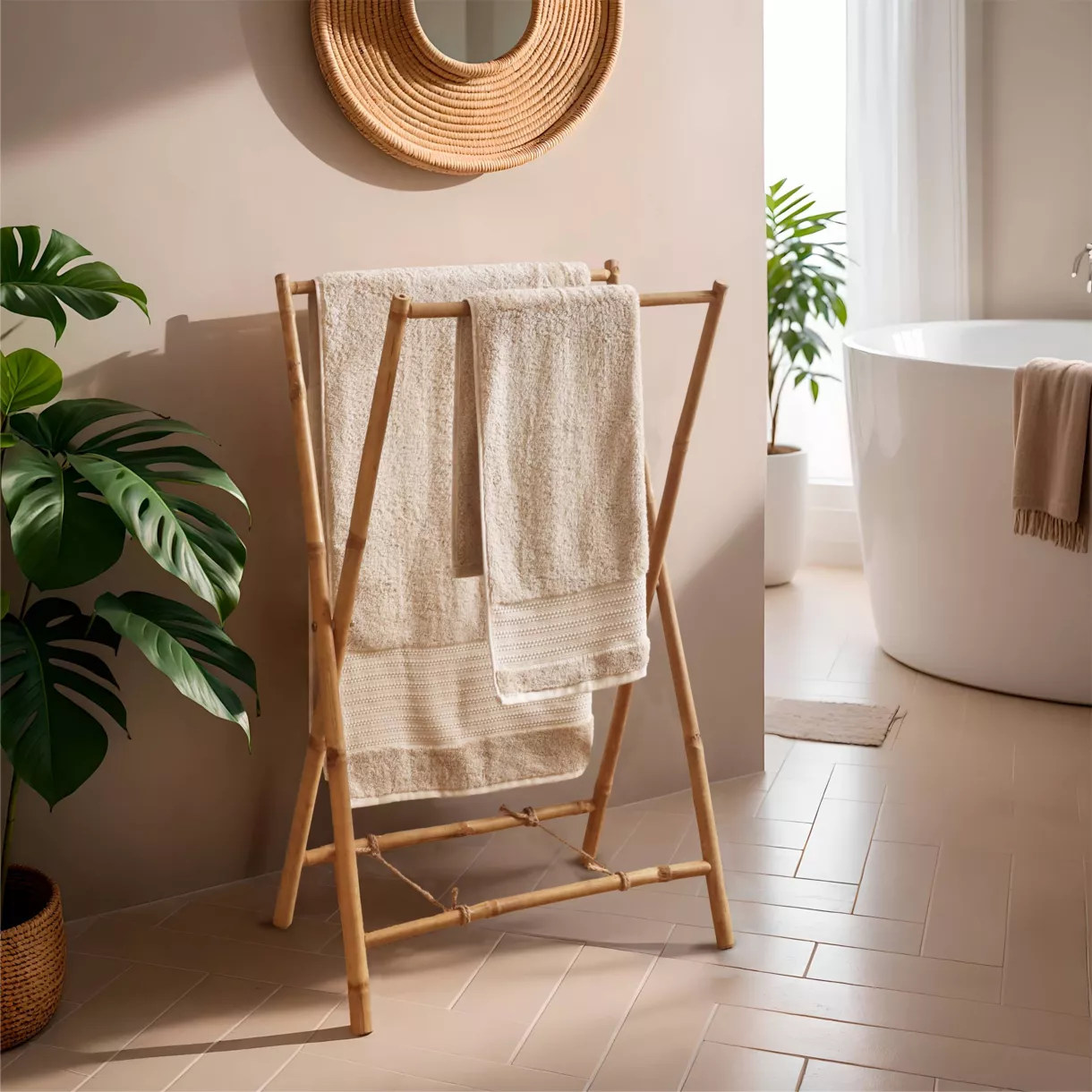 PORTE SERVIETTES EN CANNE DE BAMBOU 2 BARRES PLIABLE - HANOì L40 l59 H86,5