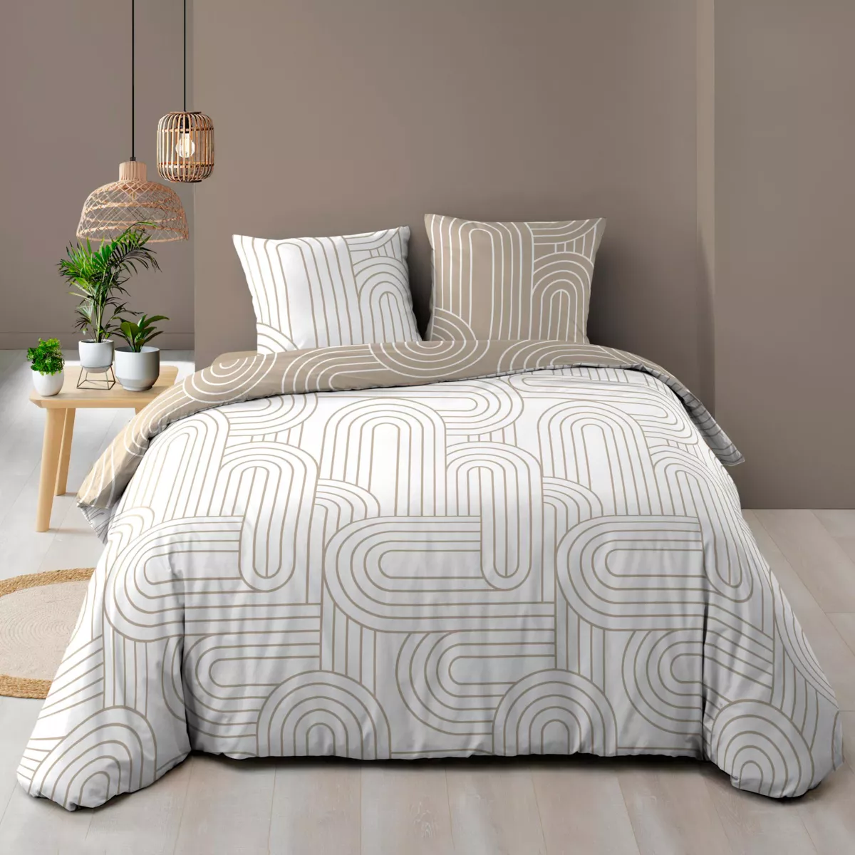 Katoenen dekbedovertrek en twee kussenslopen (240 x 220 cm) Modul Beige