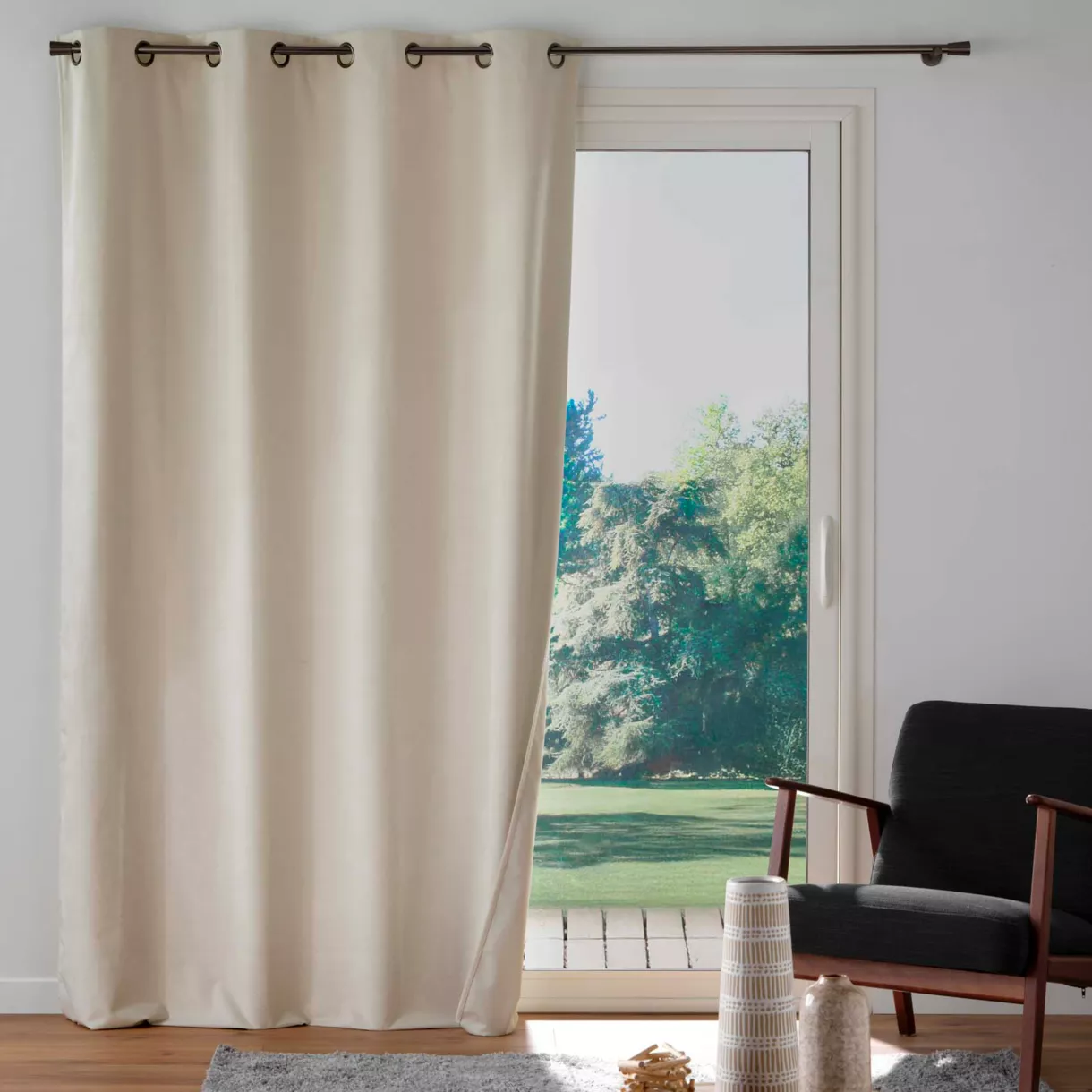 Rideau ˆ Oeillets (140 x 260 cm) Olympe Naturel, 100% Occultant en Velours Relief