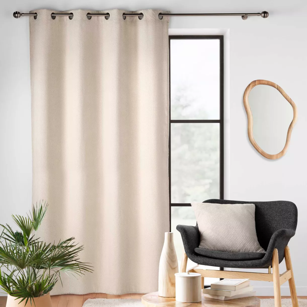 Rideau ˆ Oeillets (140 x 260 cm) Java Naturel, Flanelle Relief Unie