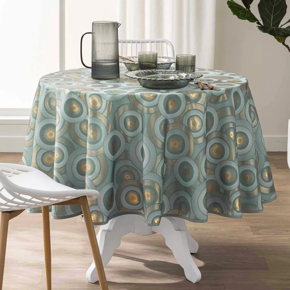 Nappe Ronde (¯ 180 cm) Eclipse Sauge, Polyester ImprimŽ MŽtallisŽ