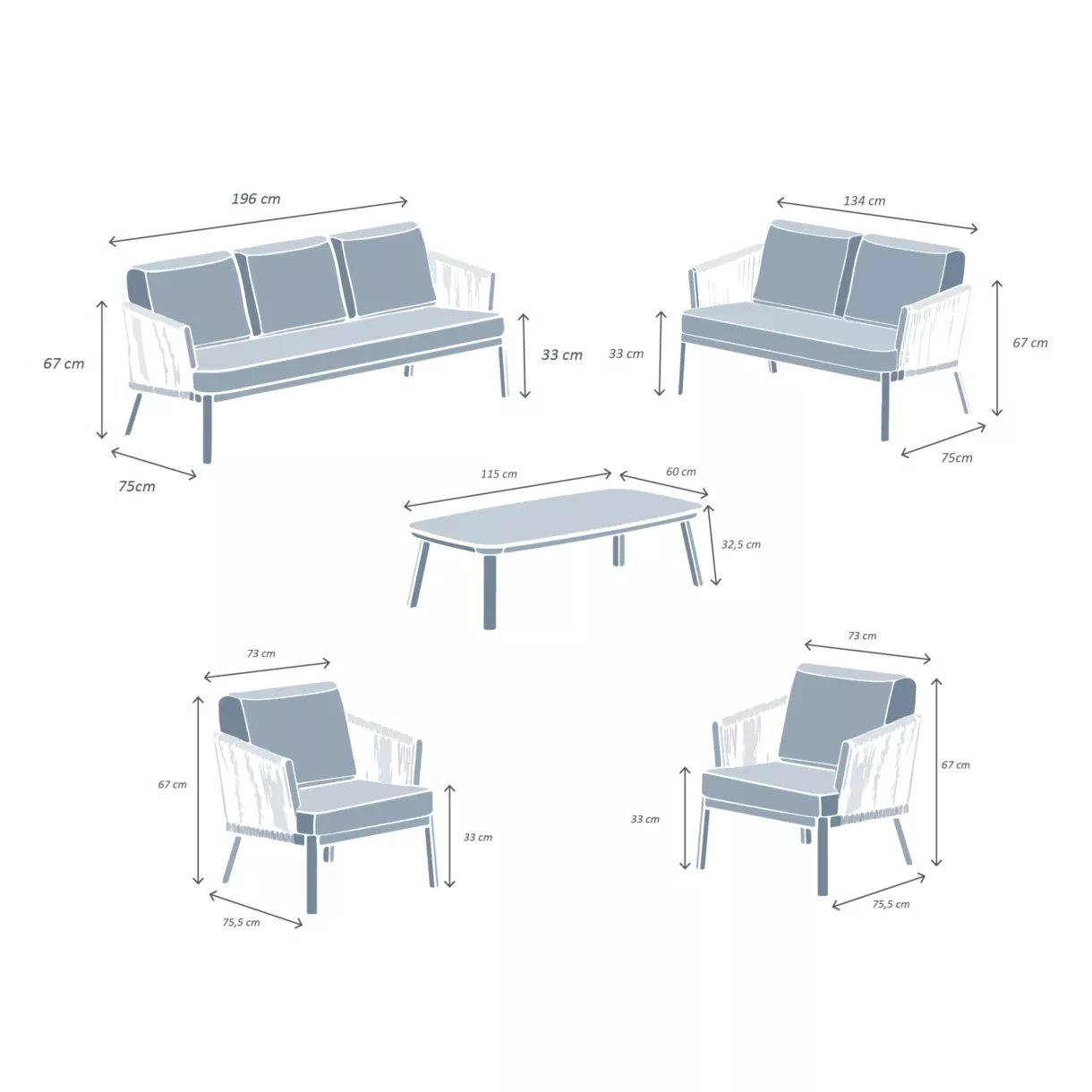 Conjunto de jardín en aluminio 7 plazas - 5 piezas Amalfi Blanco y topo