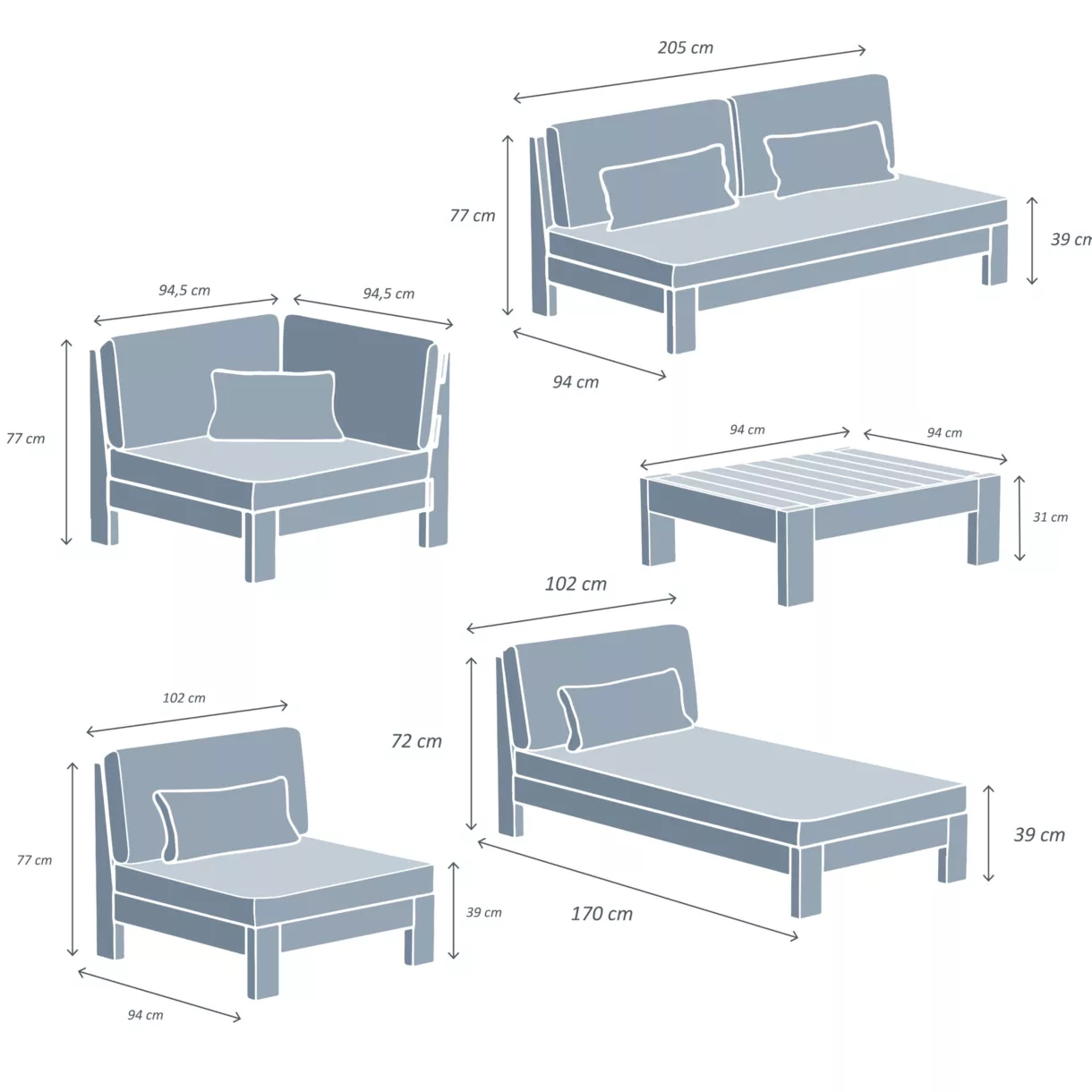 Conjunto de jardín esquinero de madera de acacia 5 plazas 5 pzas Bornéo Gris antracita