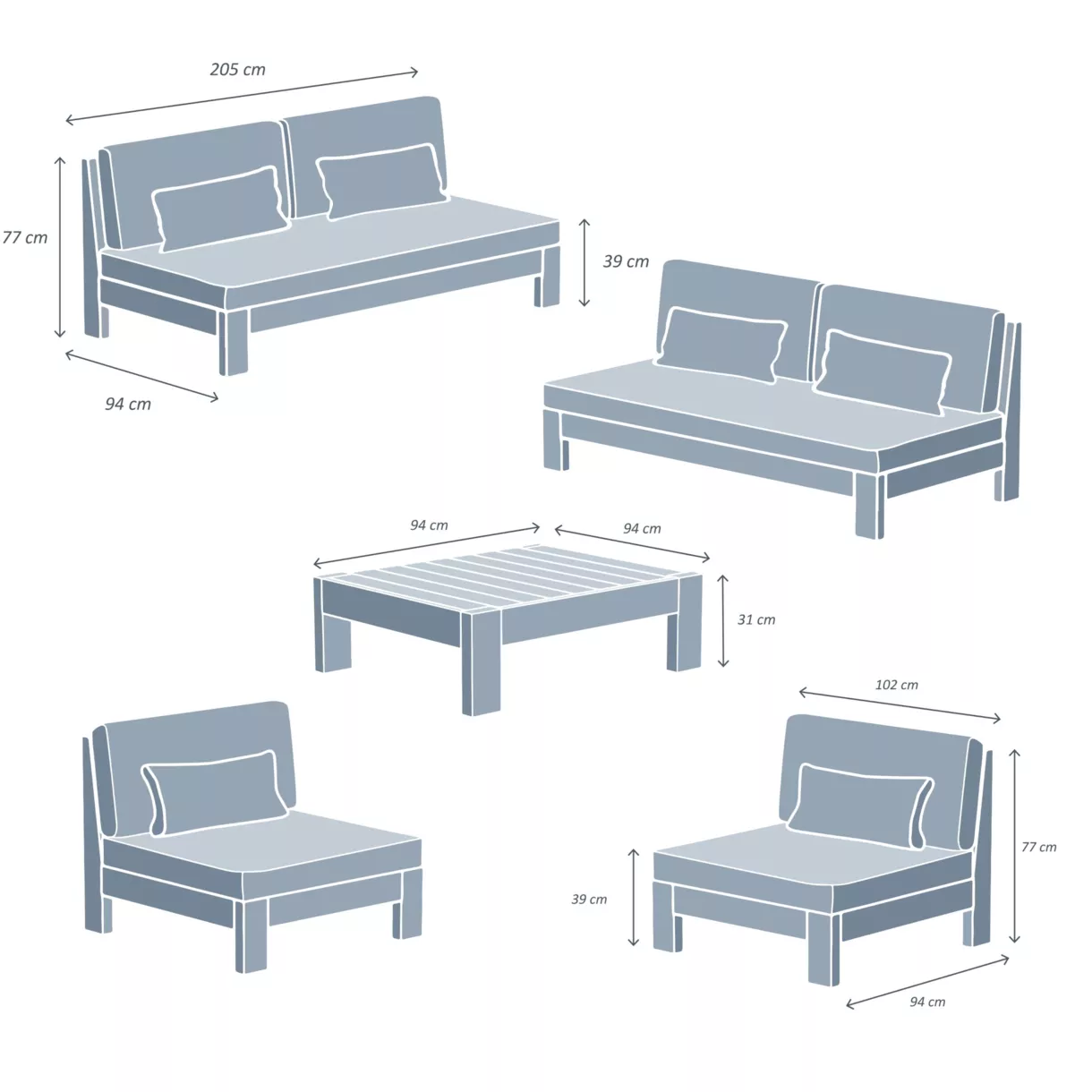 Salon de jardin en bois d'acacia 8 places 5 pcs Borneo Gris anthracite