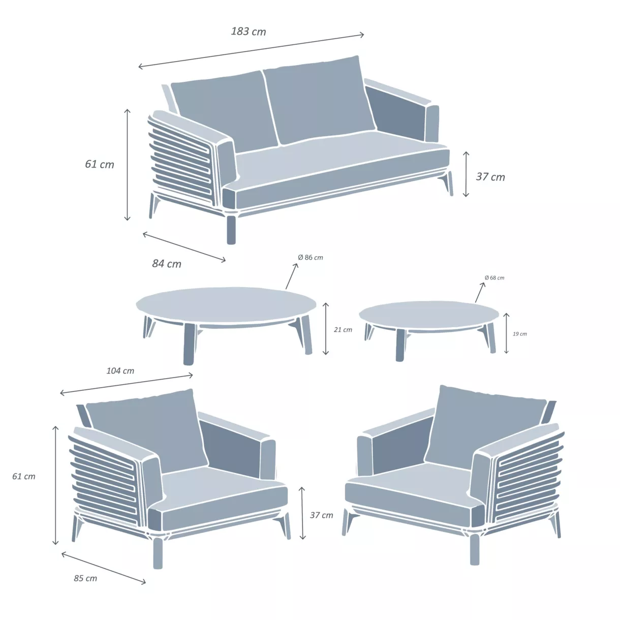 Conjunto de jardín de aluminio 4 plazas 5 piezas Monte Carlo Blanco y gris claro