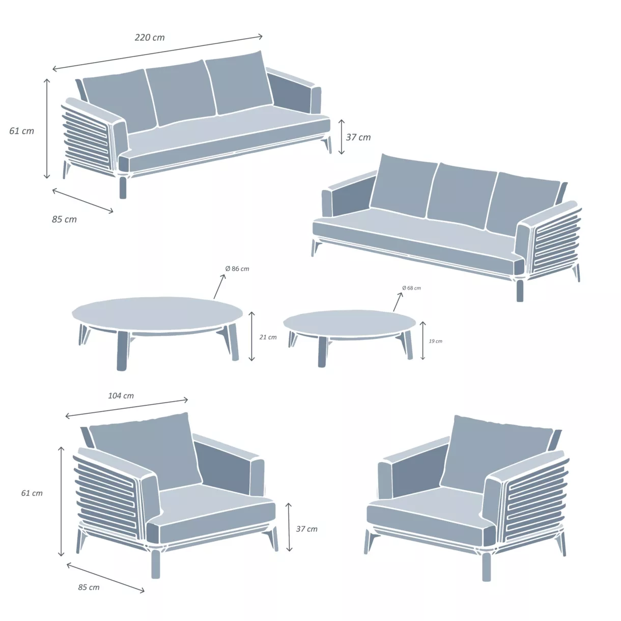 Conjunto de jardín de aluminio 8 plazas 6 piezas Monte Carlo Blanco y gris claro