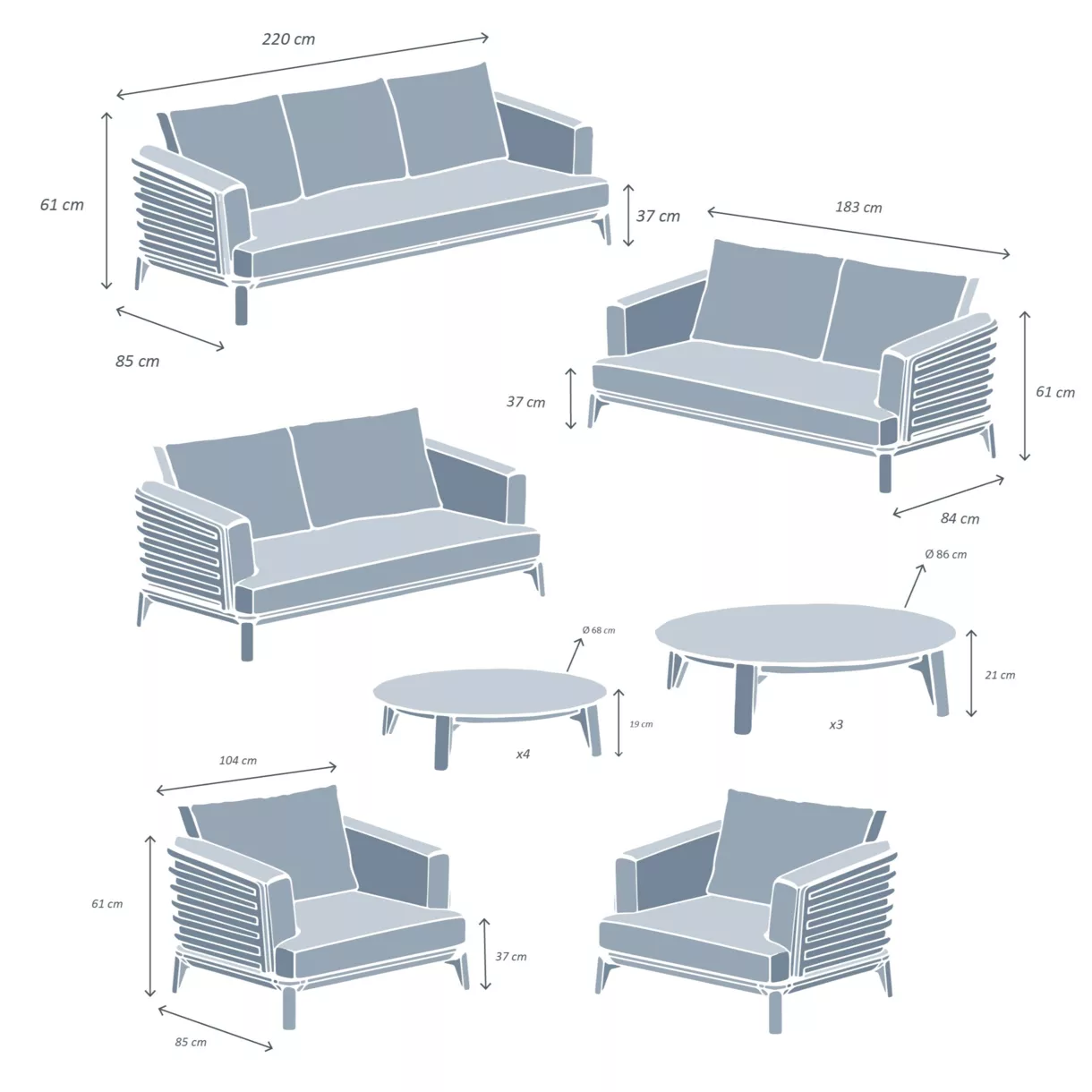 Salon de jardin aluminium 9 places 12 pcs Monte Carlo Blanc et beige