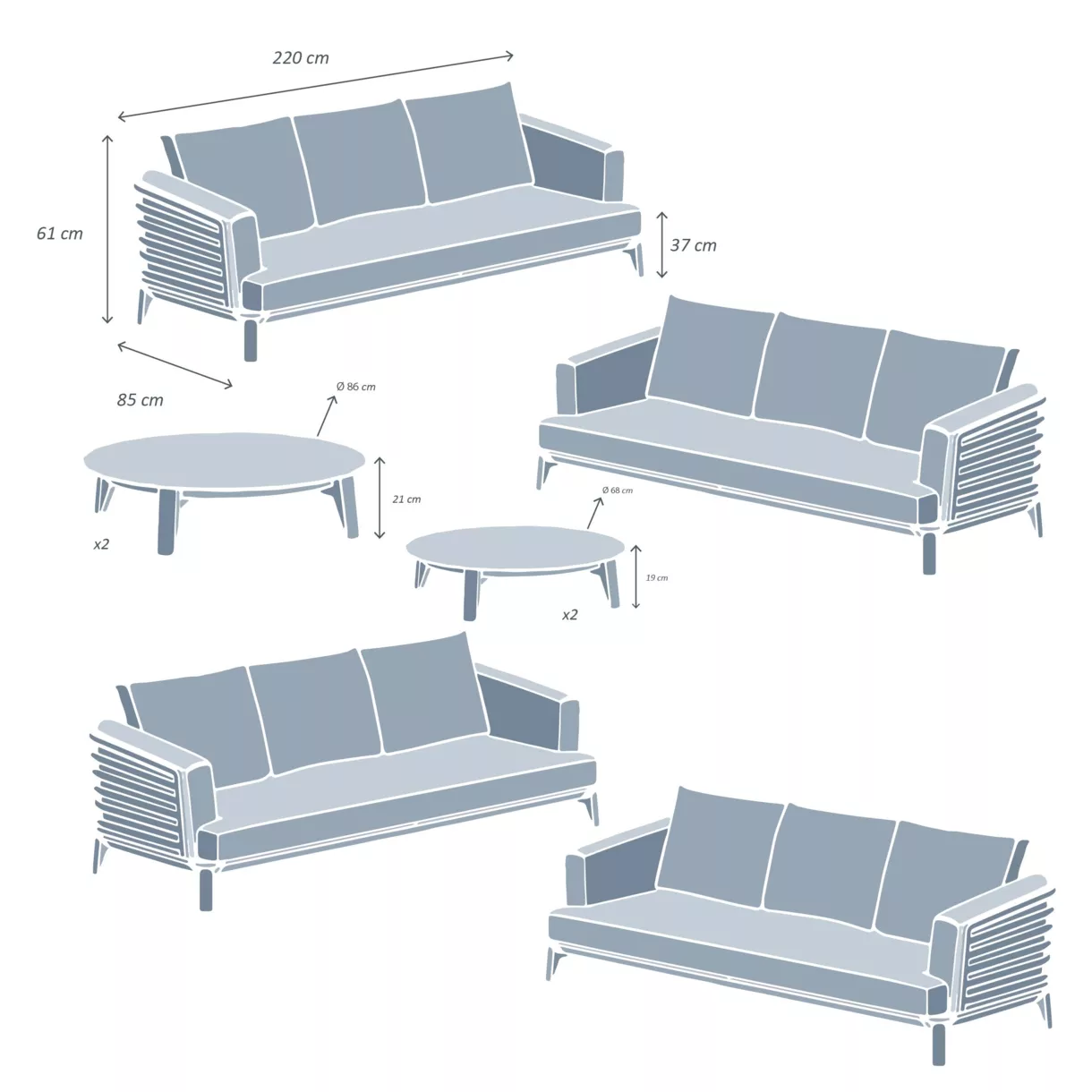Conjunto de jardín de aluminio 12 plazas 8 piezas Monte Carlo Blanco y gris claro