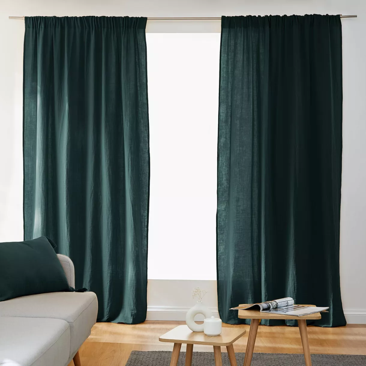 Rideau gaze de coton galon fronceur (140 x 240 cm) Gaïa Vert sapin
