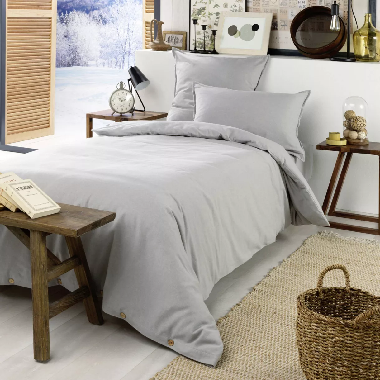 Housse de couette flanelle de coton (140 x 200 cm) Nina Gris clair