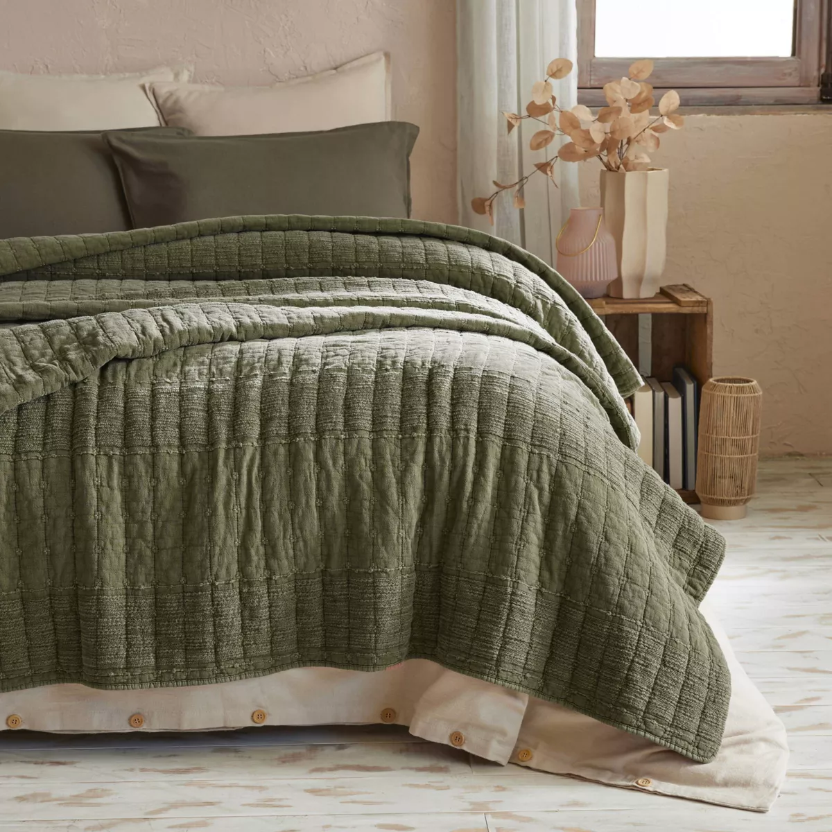 Colcha de algodón acolchada (220 x 240 cm) Lena Verde romero