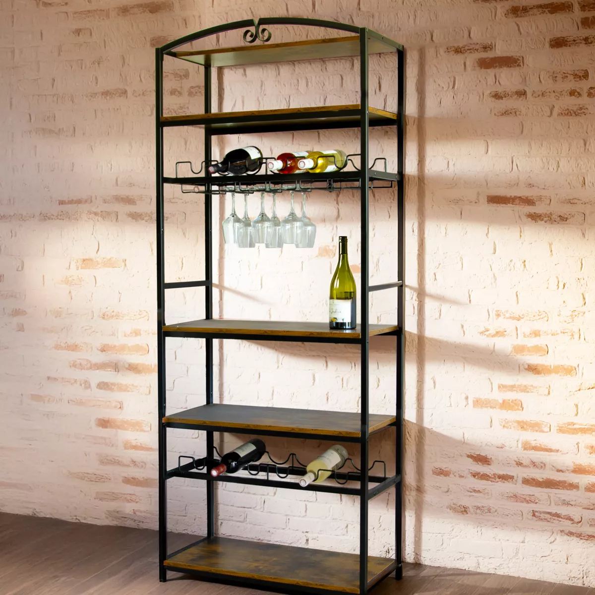 Mueble botellero industrial con 12 compartimentos y portavasos (H180 cm) Pablo Marrón